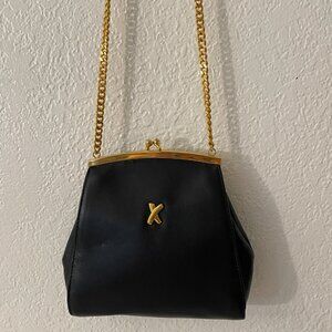 By Paloma Picasso Elegant Mini Purse, Black Leather with Gold Chain, Vintage